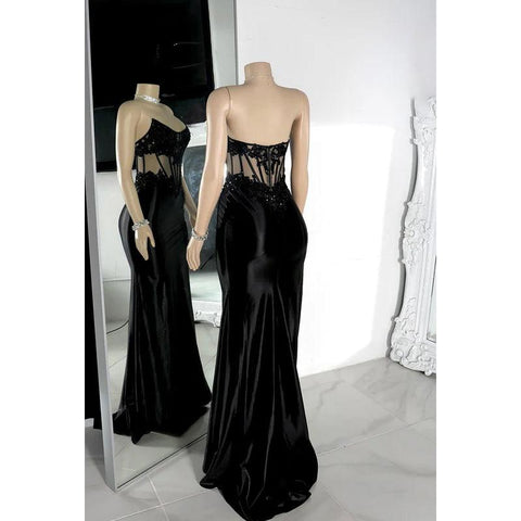 Robe de soirée sexy et tendance, sans manches, avec appliques, fourreau, fente latérale