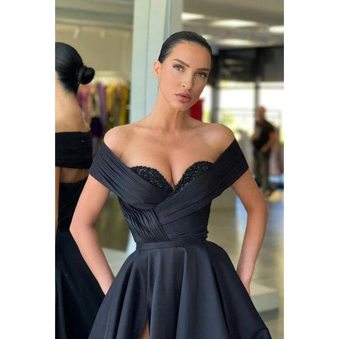 Robe de bal longue trapèze froncée à paillettes et épaules dénudées