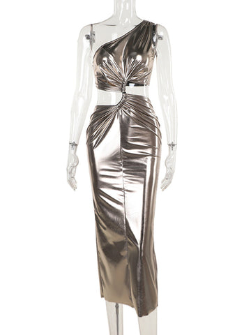 Vestidos largos de noche ajustados, sin mangas, asimétricos, plisados, brillantes, con abertura en la espalda y un solo hombro. 