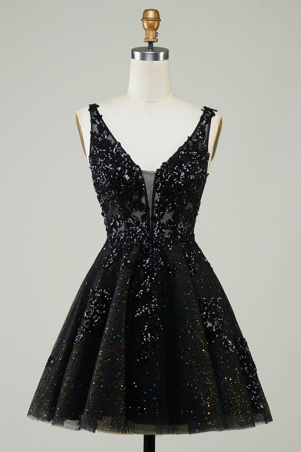 Robe de bal courte orange tendance, coupe trapèze, décolleté en V profond et appliques