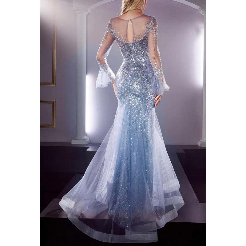 Robe de soirée sirène longue en tulle transparent à paillettes et manches longues