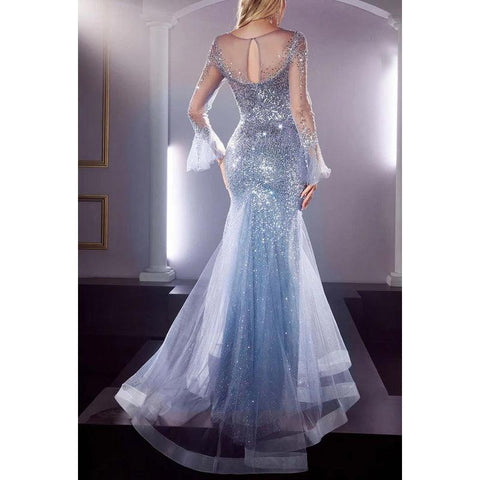 Scoop Long Sleeves Sequined Sheer Tulle Mermaid Long Prom Evening Dress