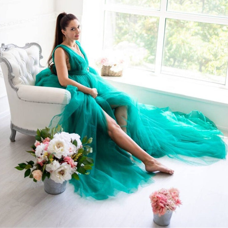 Vestido de maternidad con escote en V y abertura alta para barriga grande, vestido de tul, vestido largo de noche de malla drapeada para embarazadas