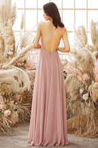 Robe de demoiselle d'honneur en mousseline rose poudré
