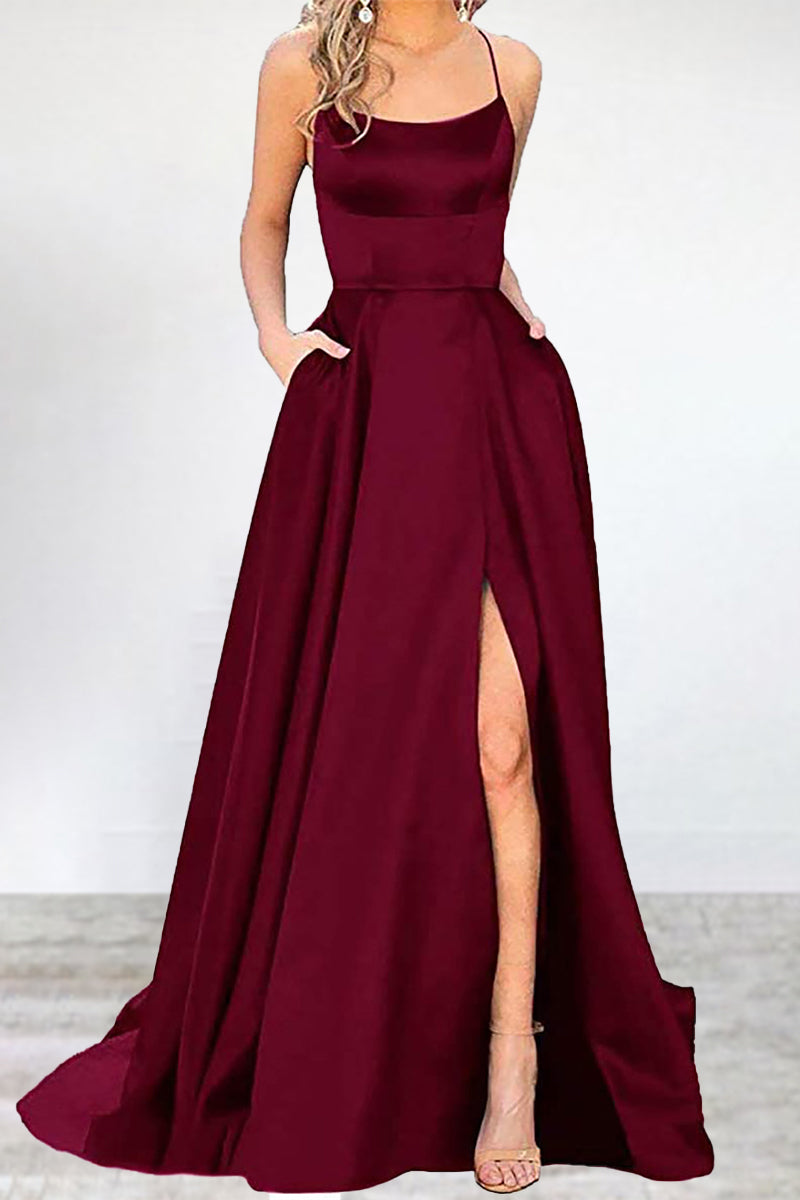 Vestidos de noche sexys, formales, de color liso, con escote en U y abertura alta. 