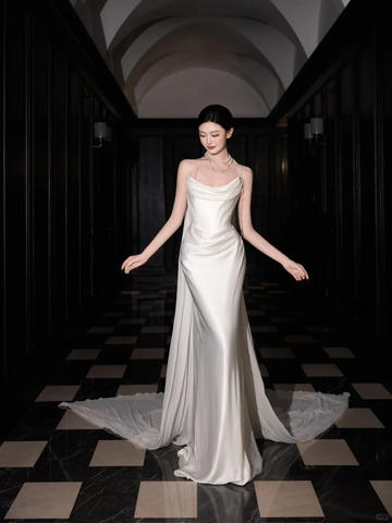 Classy White Satin Chiffon Mermaid Prom Dress,Strapless Long Wedding Dress Y8591