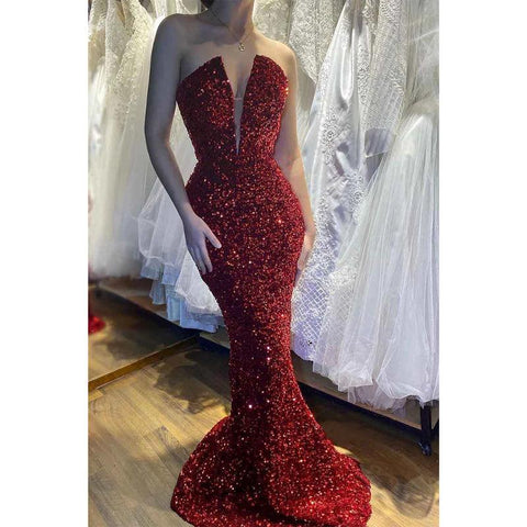 Robe de soirée sexy à paillettes bordeaux et décolleté en V profond 