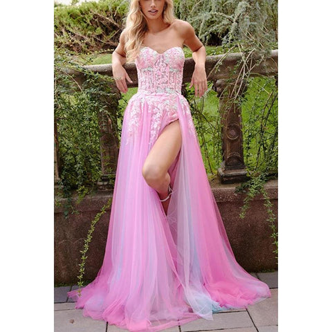 Sweetheart Strapless Floral Appliqued Ruch Tulle A-Line Long Prom Evening Dress