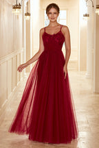 Robe longue de demoiselle d'honneur bordeaux avec dentelle