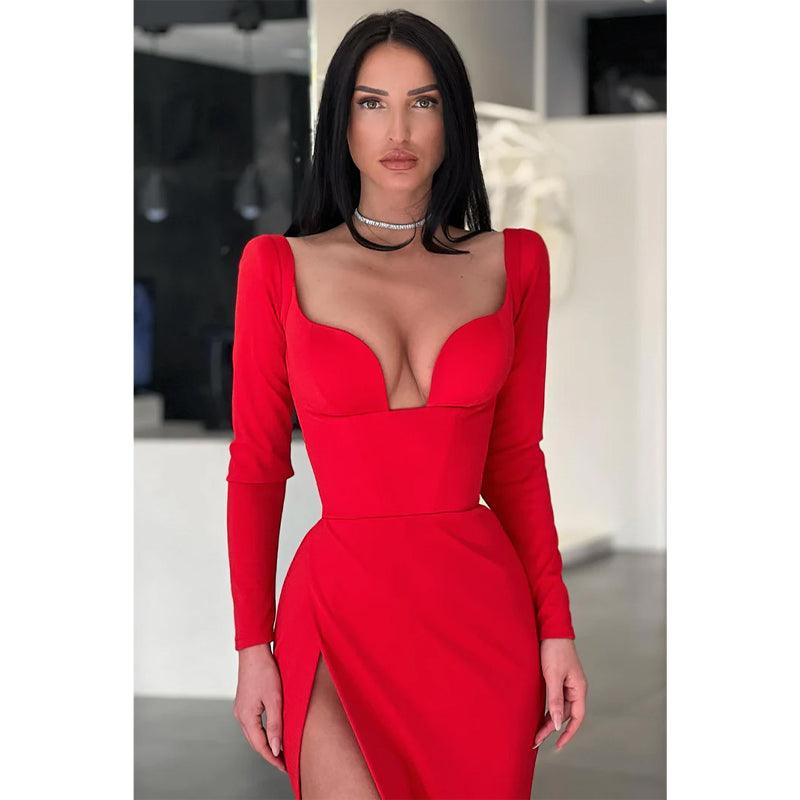 Vestido de noche formal sexy con escote en V y abertura alta y mangas largas 