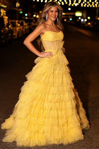 Golden Tulle Princess Strapless Tiered Long Prom Dress with Slit