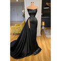 Vestido de noche formal negro sexy con escote en V y cuentas y abertura lateral 