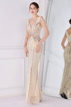 Robe de bal fourreau à sequins dorés et franges