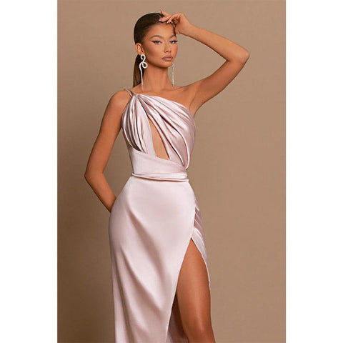 Unique One Shoulder Pleats High Split Long Prom Dress