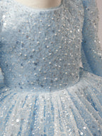 Vestido de cumpleaños para niña, azul con lentejuelas, de manga larga y hasta la rodilla. 
