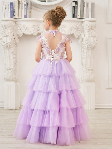 Vestido de princesa de tul lila con apliques florales y pedrería para niñas 