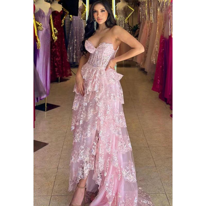 Vestido de fiesta glamuroso y dramático con apliques en forma de A, hombros descubiertos, sin mangas