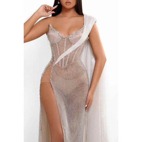 Vestido de fiesta de graduación de noche, transparente, ajustado, con un hombro al descubierto y abertura alta 