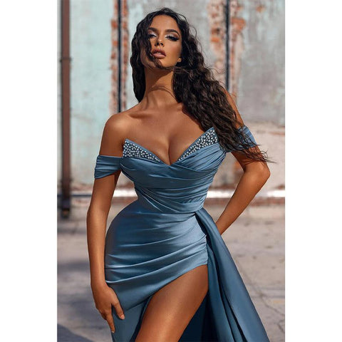 Robe de bal longue plissée et sexy à col en V et fente