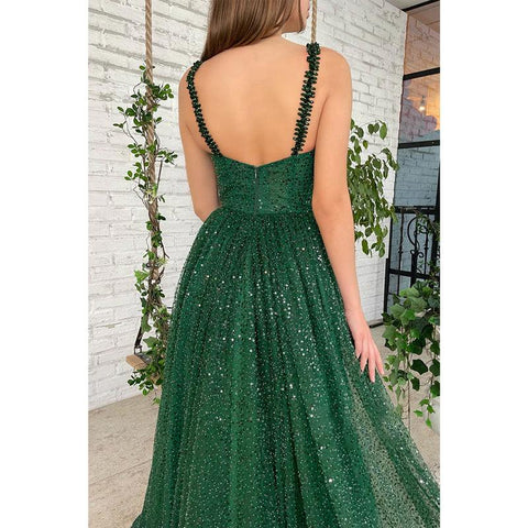 Women's Spaghetti Straps Sequins Green Sparkly Long Prom Dress with Pockets