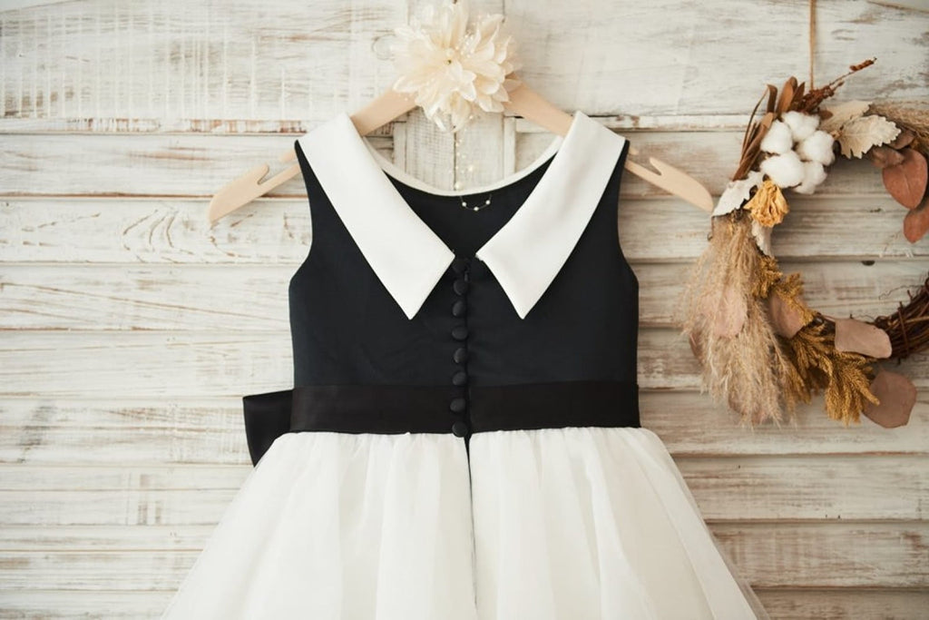 Vestido negro de tul satinado hasta la rodilla para niña de las flores 