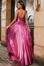 Sparkly A Line Halter Neck Pleated Long Prom Dress with Keyhole Slit