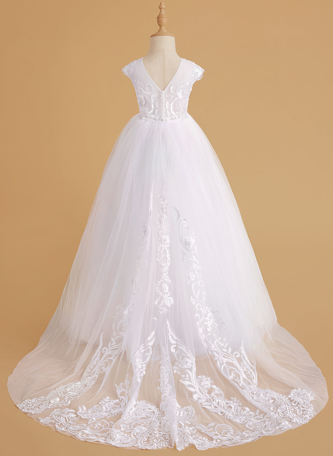 Vestido rosa de niña de las flores, corte en A, encaje, tul y cola corta 