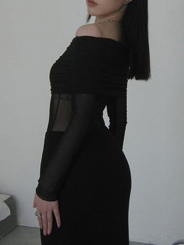 Vestidos largos de noche ajustados, plisados, transparentes, de color liso, con abertura en la entrepierna y hombros descubiertos. 