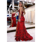 Vestido de fiesta sexy de sirena con escote en V, apliques de lentejuelas y abertura brillante