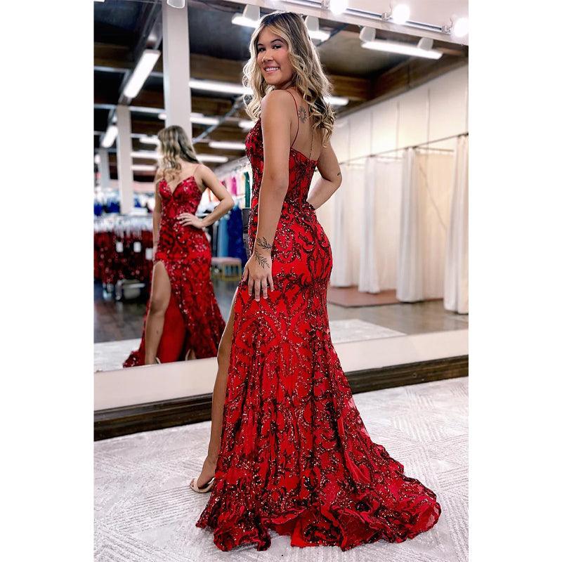 Vestido de fiesta sexy de sirena con escote en V, apliques de lentejuelas y abertura brillante