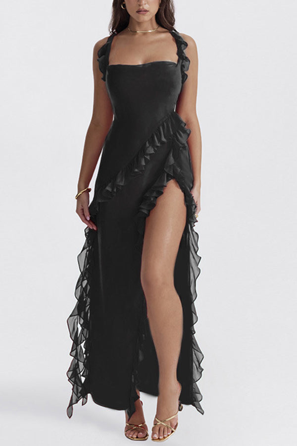 Robe maxi légère à volants et fente haute, ultra-sexy 