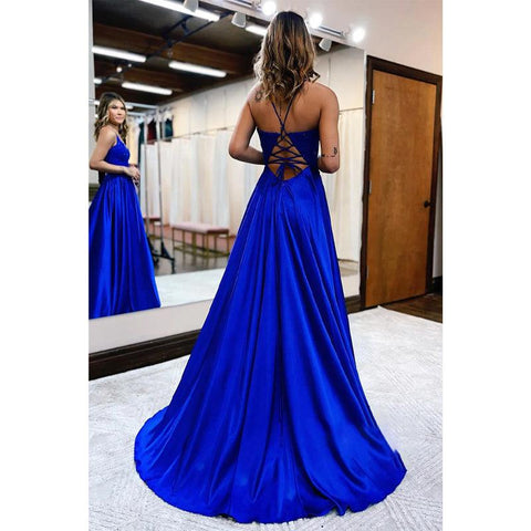 Robe de bal longue trapèze à bretelles spaghetti et appliques en dentelle avec fente