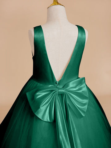 Vestido clásico blanco de corte A sin mangas para niña de las flores, de satén y tul 