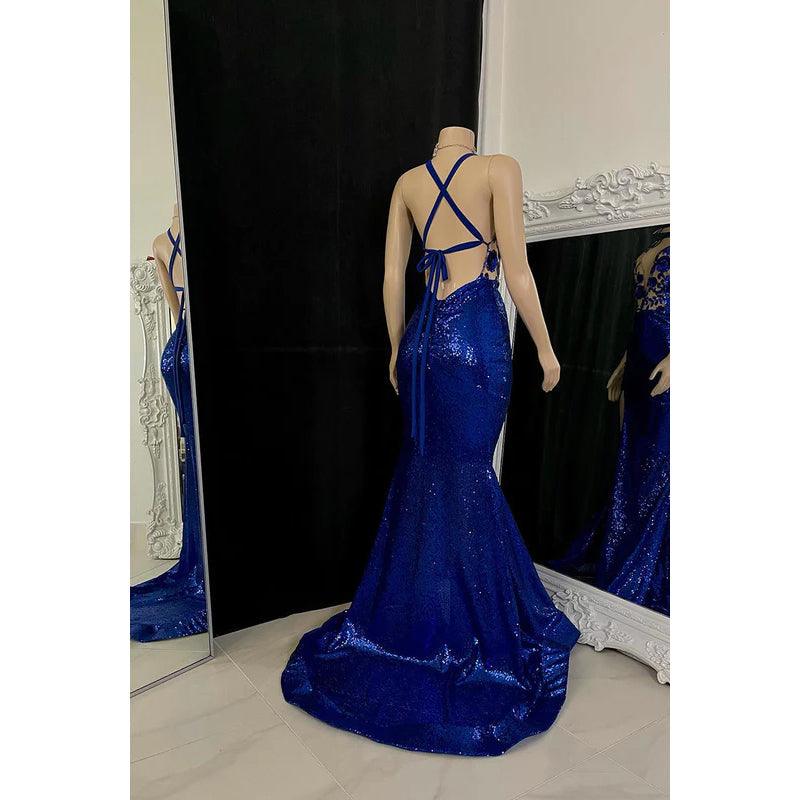Robe de bal fourreau/colonne à col en V et appliques pailletées, dos nu, sans manches