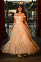 Princess A Line Sweetheart Champagne Long Prom Dress with Embroidery