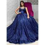Vestido de fiesta azul real brillante con escote en V y bolsillos 
