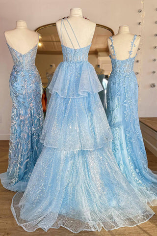 Robe de bal bleue à corset asymétrique et volants, coupe princesse, épaule dénudée