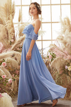 Robe de demoiselle d'honneur en mousseline bleue à épaules dénudées