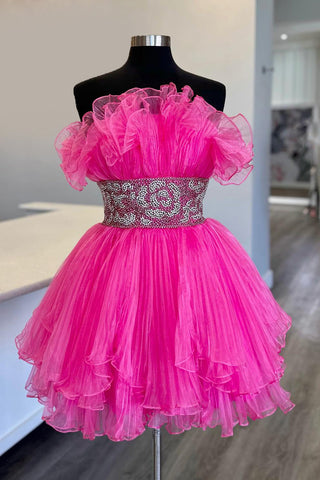 Chic Fuchsia Strapless A Line Short Homecoming Dress with Ruffles