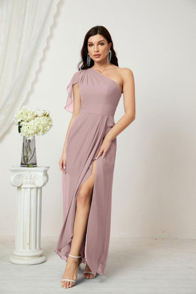 Baoleely  Chiffon Ruffled One Shoulder Long Bridesmaid Dresses A-line Formal Evening Gown Side Split 2809