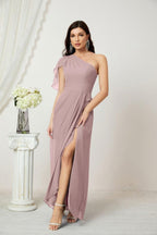 Baoleely  Chiffon Ruffled One Shoulder Long Bridesmaid Dresses A-line Formal Evening Gown Side Split 2809