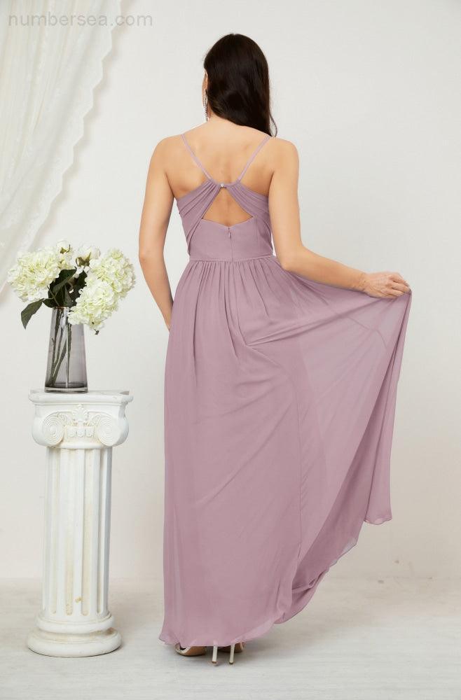 Robe de demoiselle d'honneur en mousseline de soie, longue, coupe trapèze, col en V, pour soirée de mariage, 2801 