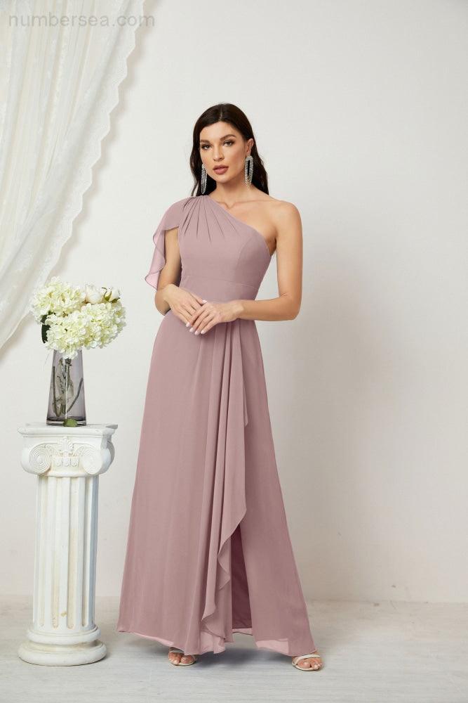 Baoleely  Chiffon Ruffled One Shoulder Long Bridesmaid Dresses A-line Formal Evening Gown Side Split 2809