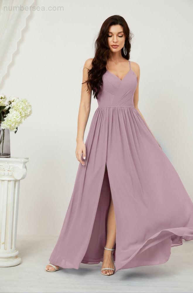 Robe de demoiselle d'honneur en mousseline de soie, longue, coupe trapèze, col en V, pour soirée de mariage, 2801 