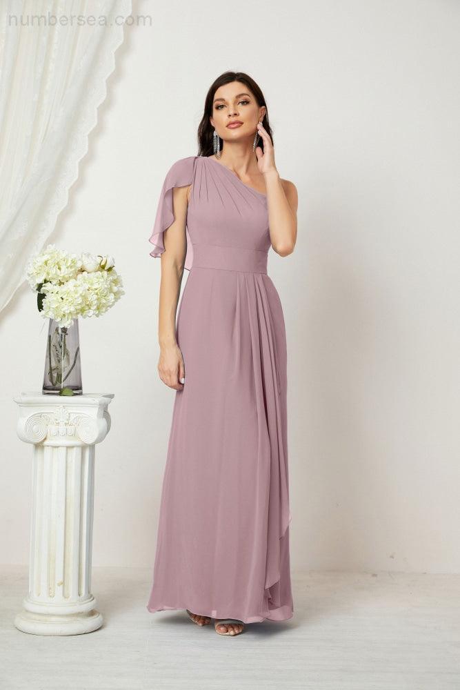 Baoleely  Chiffon Ruffled One Shoulder Long Bridesmaid Dresses A-line Formal Evening Gown Side Split 2809