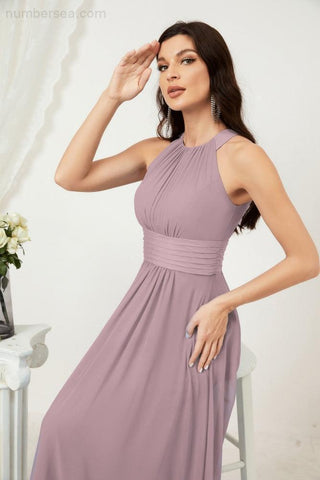 Baoleely Formal Party Gown Dress Chiffon Halter Long Sleeveless Bridesmaid Dresses 2802
