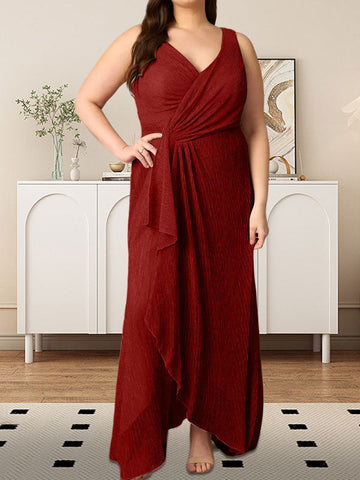 A-Line V-Neck Ruched Metallic Mesh Dress