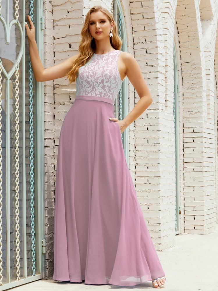 Vestido de dama de honor de encaje, largo hasta el suelo, con bolsillos, 28017 
