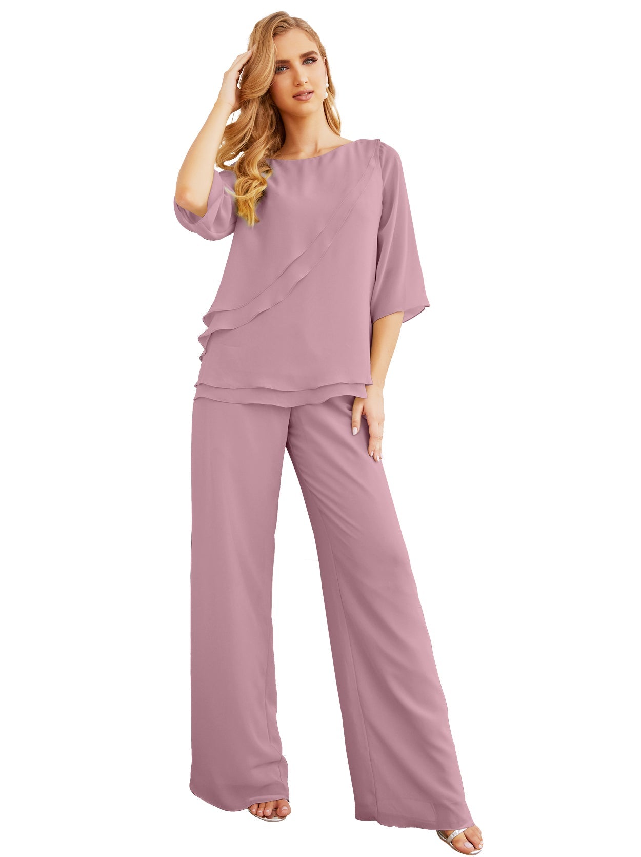 Elegante conjunto de pantalón y bata plateada de dos piezas para la madre de la novia, talla grande, con volantes, Sunderly Elegant SY28064