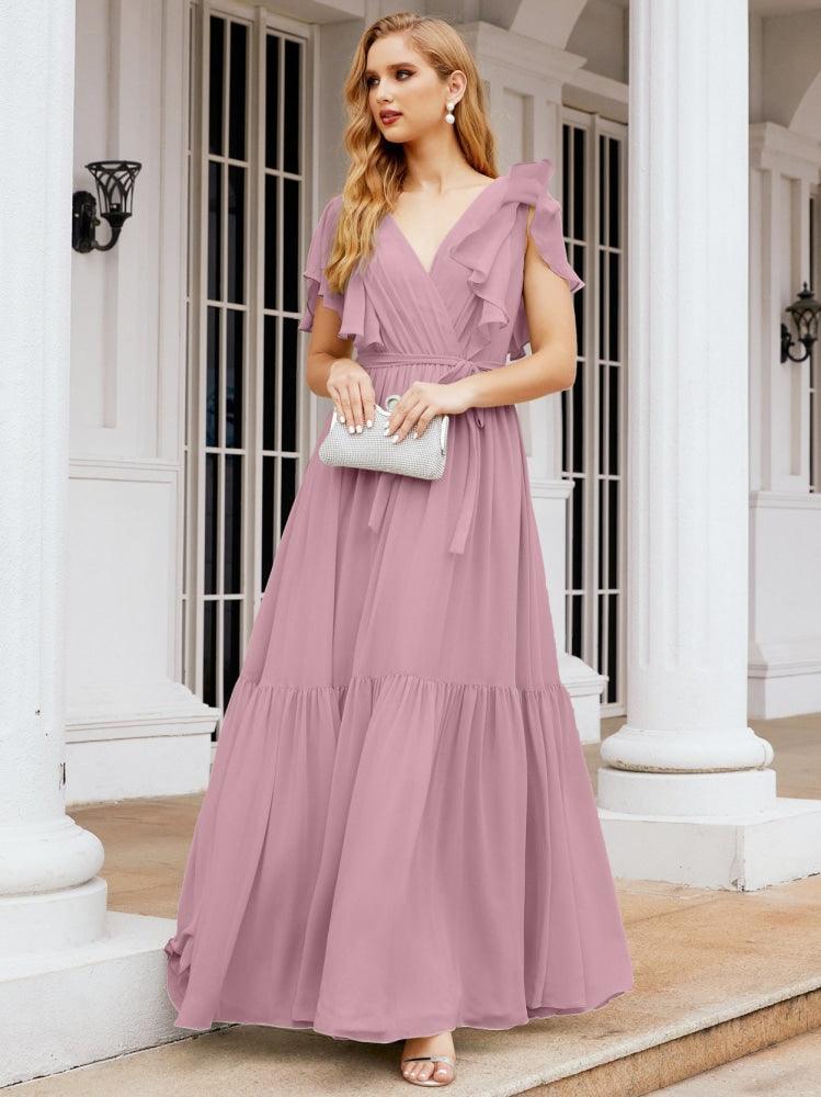 Baoleely Women's Open Back Formal Evening Party Prom Gowns V-Neck Long Chiffon Bridesmaid Dresses with Waist Belt 28038